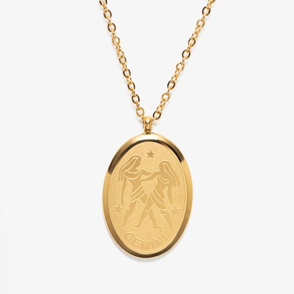 Gemini Zodiac Pendant Necklace 18K Gold Plated Stainless Steel Astrology - Picture 1 of 4